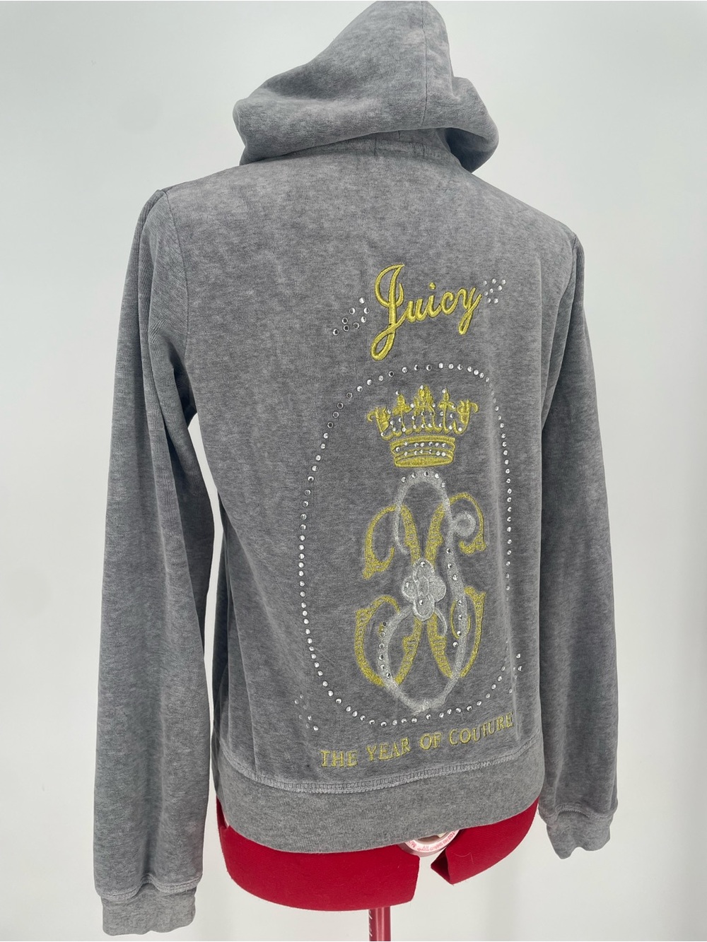 Y2K Juicy Couture Gray Zip Up Velour Fitted Hoodie Graphic Bedazzled Back